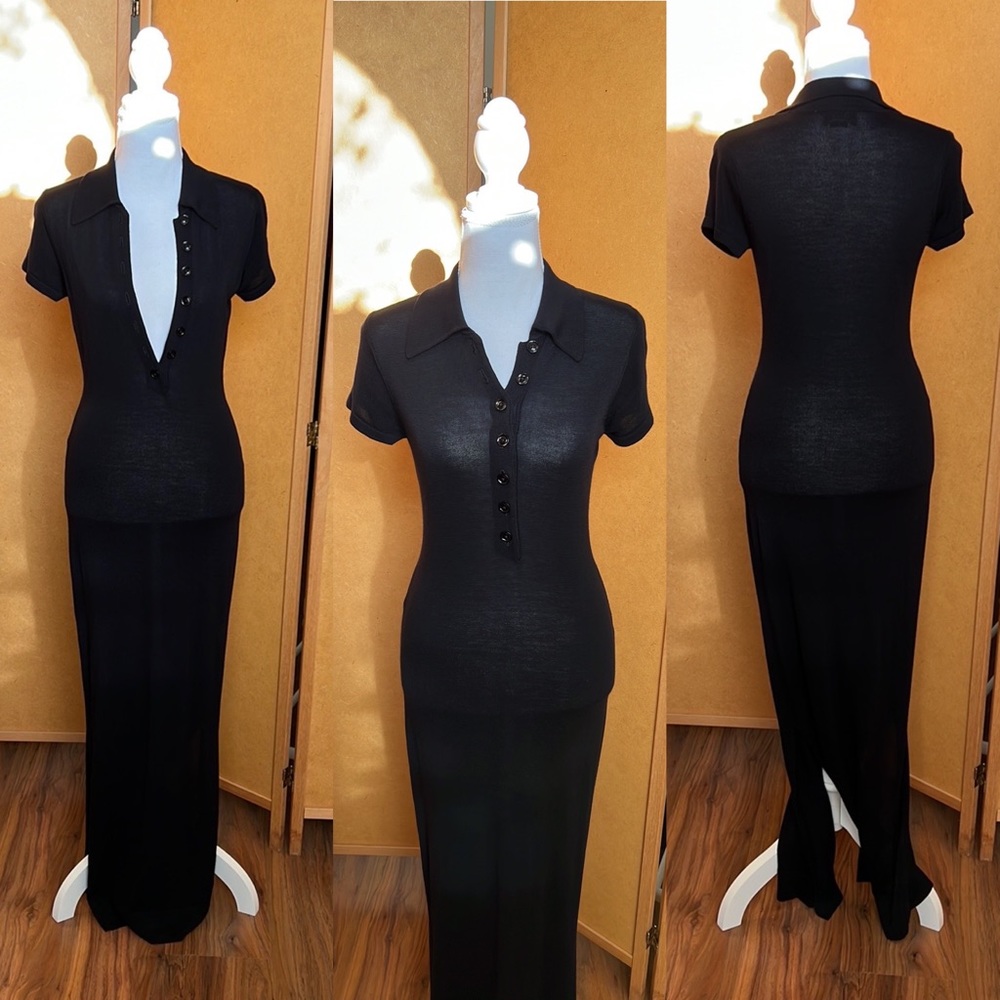 Banana Republic XS maxi shirt dress w/ side slit and buttoned neckline - Navy
